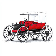 Fototapeta premium Vintage red automobile with white canopy, spoked wheels, and classic open top design, illustrated in detailed style on white background, evoking nostalgia and elegance