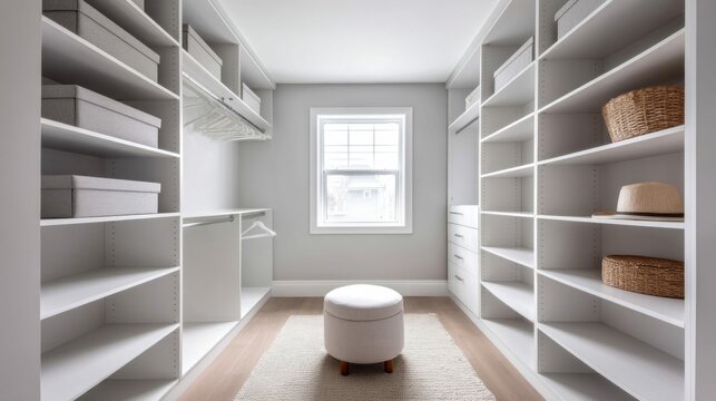 A modern and spacious walk-in closet, offering a clean and organized storage space.