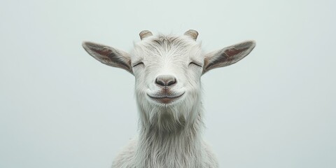 Obraz premium Smiling goat with closed eyes on light background