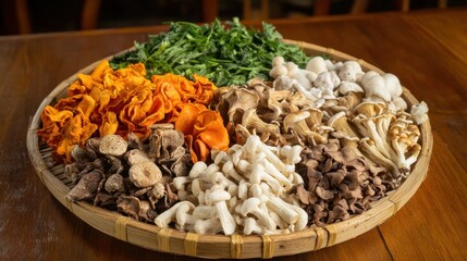 Bamboo basket filled with assorted dried mushroom varieties