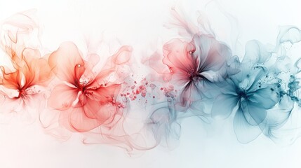 A vibrant digital artwork featuring swirling floral designs in shades of red and blue against a soft white background.