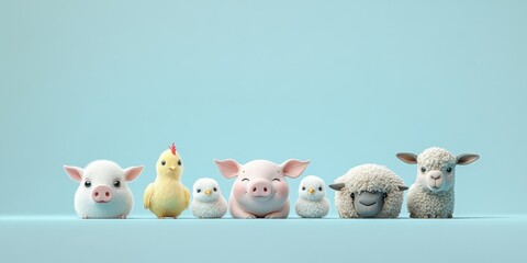 Farm animals posing together on blue background