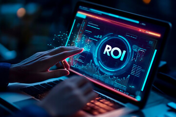 Businessman using a laptop and touching a virtual screen icon with ROI text for a cavern view of a financial growth graph, business plan, or knowledge-sharing concept on a digital interface