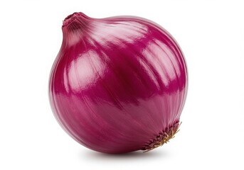 A single red onion with smooth skin is isolated on a white background in a studio shot close up