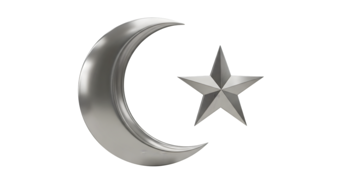 A shiny silver crescent moon and star symbol on a black background in a rendered image format style