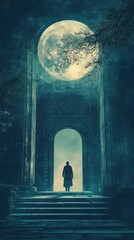 Mysterious moonlit archway. A solitary figure stands at the entrance of a stone archway under a large, luminous moon, enveloped by a dark, enchanting forest