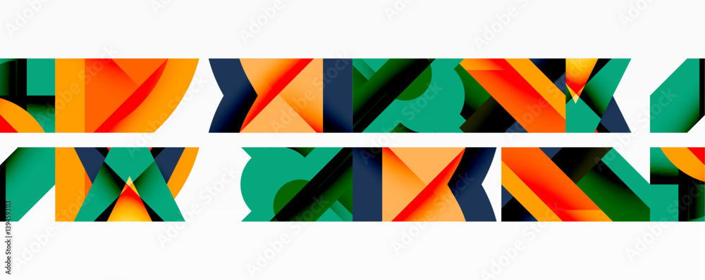 Poster abstract geometric pattern. repeating shapes create vibrant horizontal band. orange, green, navy dom