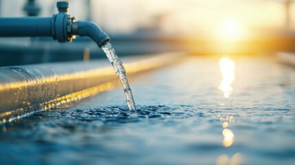 A water pipe is flowing, creating ripples on the surface, illuminated by the warm glow of a sunset in the background.