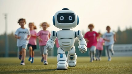 Fototapeta premium A friendly robot and children joyfully run together across a lush green field on a sunny day.