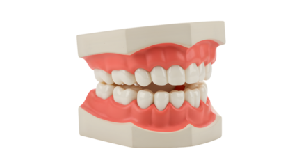 A dental model showing teeth and gums with a white base on a black background in a studio shot