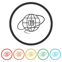 Old phone and globe logo. Set icons in color circle buttons