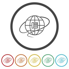 Old phone and globe logo. Set icons in color circle buttons