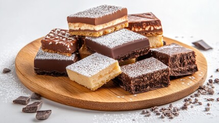 Delicious assortment of chocolate and cream confections on a wooden board in bright lighting