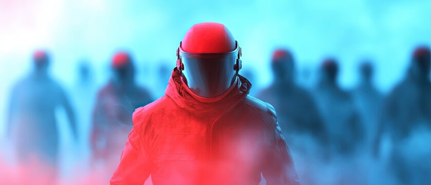 Person wearing protective gear stands apart