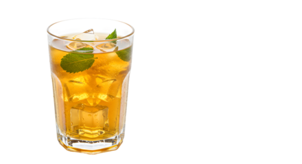 A refreshing glass of iced tea with mint leaves and ice cubes on a black background in a studio shot