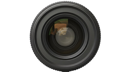 A close up view of a camera lens with visible reflections against a stark black background frame view