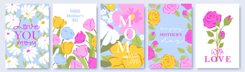 Mother's day cards set. Vintage art chic design with roses, leaves, lettering. Bright colorful romantic design. Holiday cute cards, invitations, covers, post, message template.