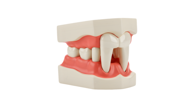 A dental model showcasing teeth with elongated canines resembling vampire fangs on a black background