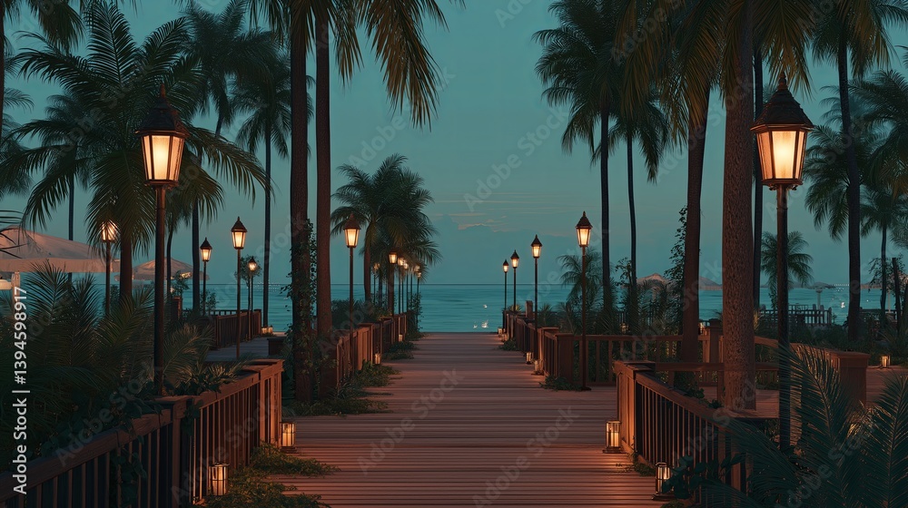 Poster a coastal boardwalk at dusk lit with lanterns, surrounded by palm trees and soft sea breeze