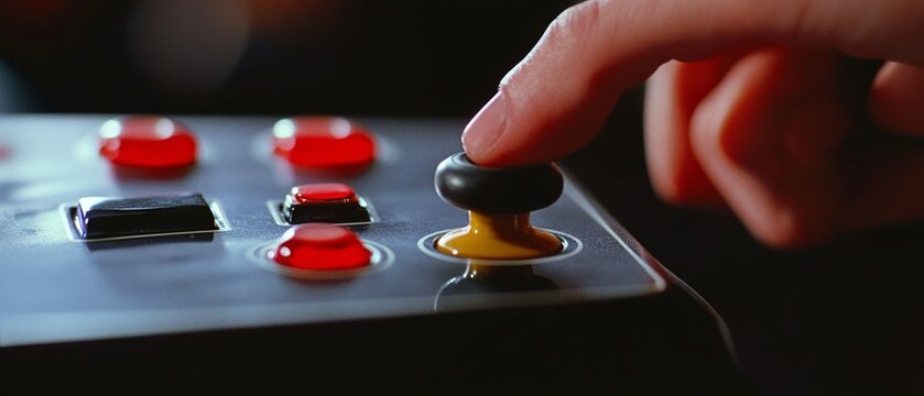 Fingers poised over arcade game buttons evoke nostalgia and excitement, mingling modern play with retro style in an action-packed moment.