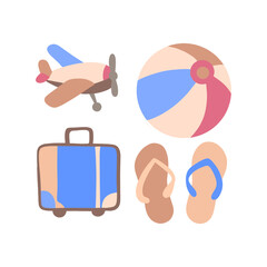Illustration set of summer theme, namely airplane, suitcase, beach ball, and sandals on white background