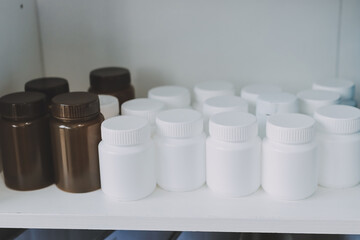 Pharmacy shelves, medicine bottles, sunlight, healthcare
