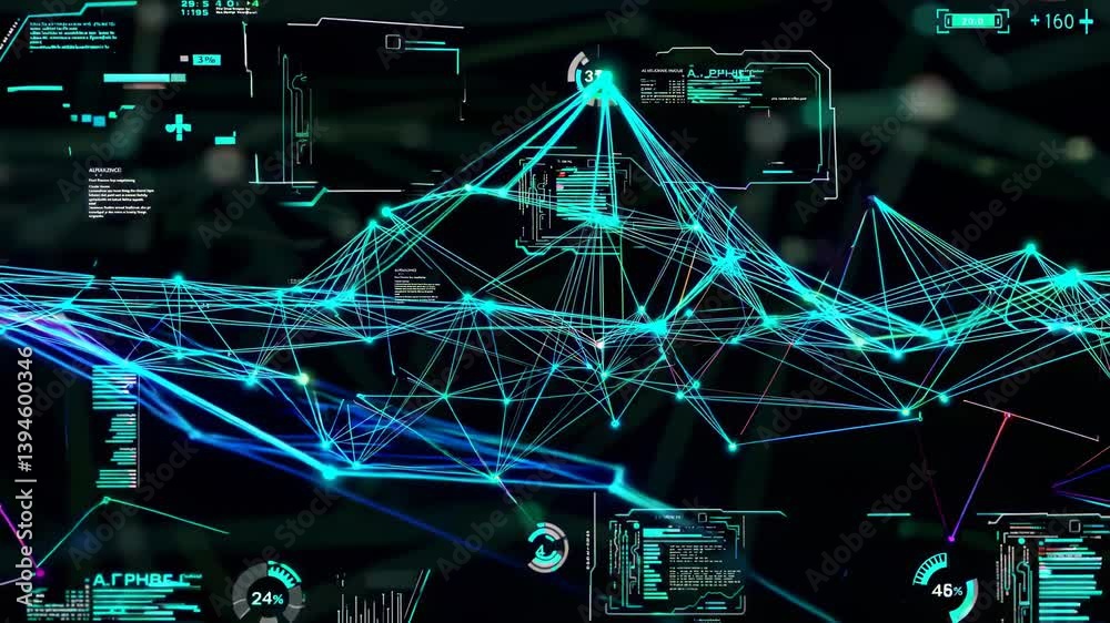 Wall mural visualizing data connections through vibrant graphics in a digital landscape