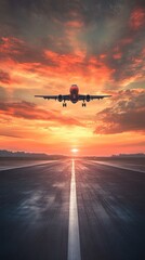 Naklejka premium Airplane landing at sunset