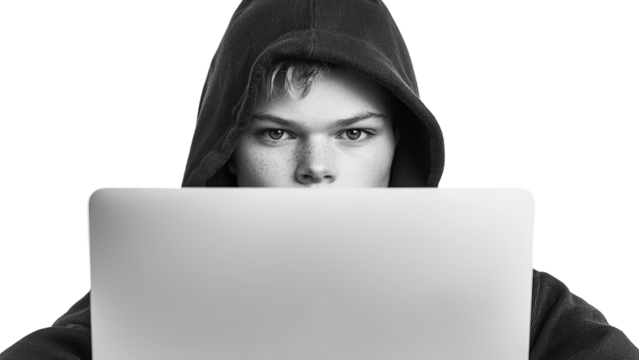 Png of Focused Caucasian teenage boy in a hoodie staring intently at a laptop screen, creating a mysterious and engaging atmosphere.