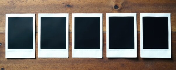 Several blank polaroid frames neatly lined up on a wooden surface , isolated, album, wood grain