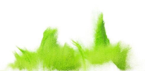 Small size green Sand flying explosion, vegetable sands grain wave explode. Abstract cloud fly. Green colored sand splash throwing in Air. White background Isolated high speed shutter, throwing freeze