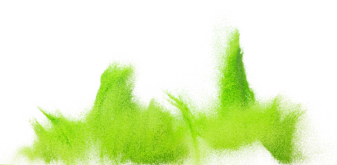 Small size green Sand flying explosion, vegetable sands grain wave explode. Abstract cloud fly. Green colored sand splash throwing in Air. White background Isolated high speed shutter, throwing freeze