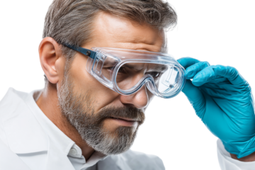 Scientist in lab coat with safety goggles and glove isolated on transparent white background