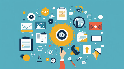 vector illustration of a person placing puzzle pieces together with icons of goals, planning, and vision