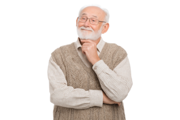 thoughtful elderly man with gentle smile, glasses and  light beard with his hand on his chin isolated on transparent white background