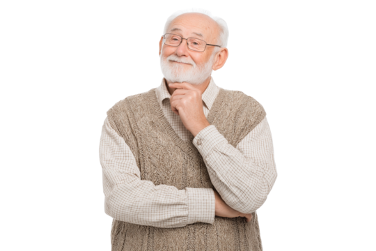 thoughtful elderly man with gentle smile, glasses and  light beard with his hand on his chin isolated on transparent white background