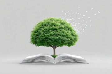 A tree that grows from an open book with letters flying into the sky