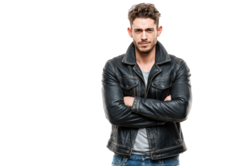 man with serious look wearing black leather jacket with crossed arms isolated on transparent white background