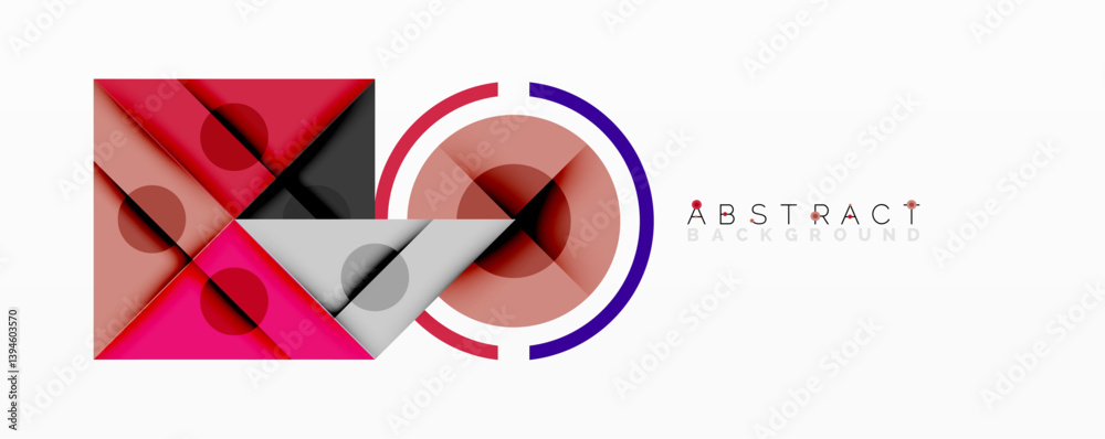 Fototapete Abstract geometric composition. Overlapping triangles, circles create dynamic visual effect. Shades pink, gray, maroon dominate design. Modern, minimalist aesthetic.
