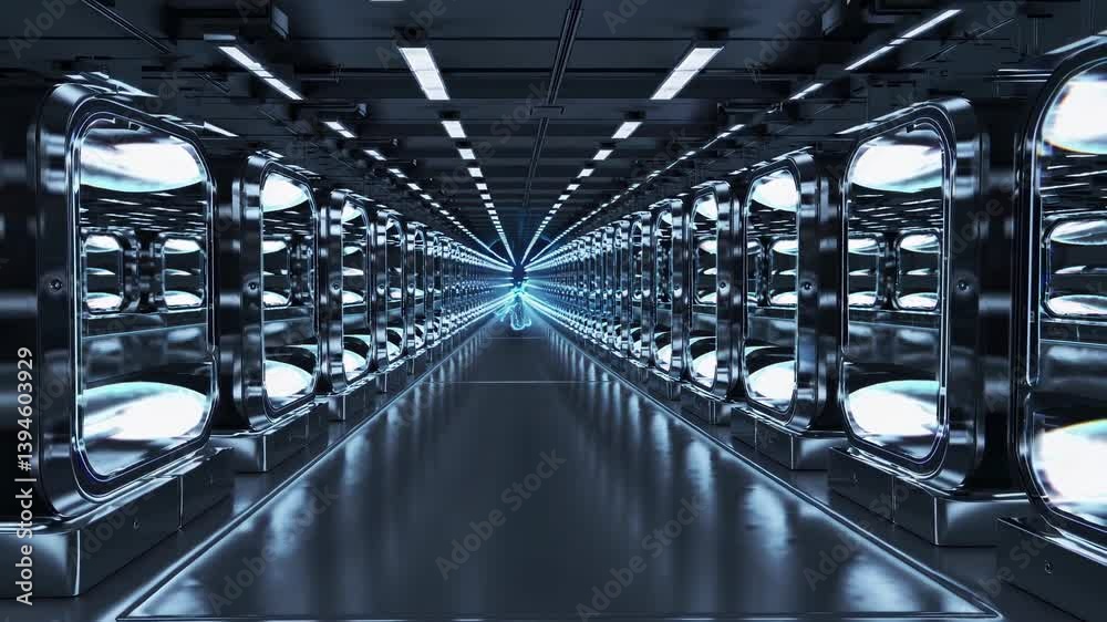 Aufkleber futuristic corridor with illuminated glass chambers showcasing advanced technology and design