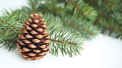 Winter Holiday Pine Cone and Fir Branches on White