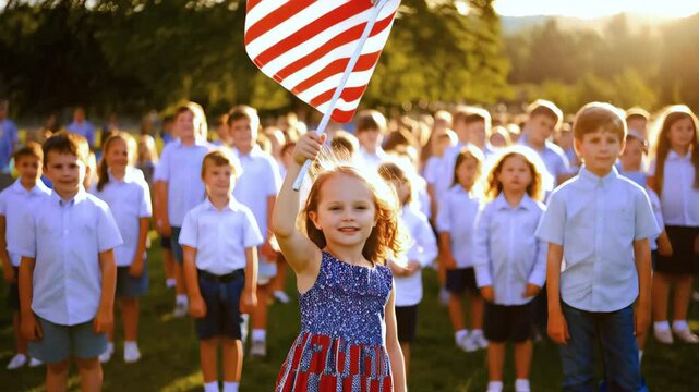 Patriotic young girl waving an american flag in slow motion, standing proudly in front of a group of children in a sunny field, celebrating national pride and unity. National Flag day