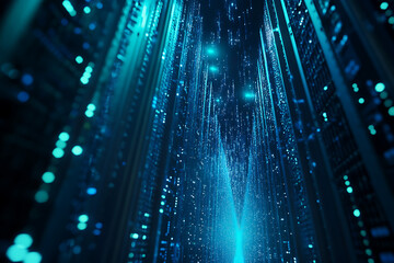 Futuristic Data Center Hallway with Glowing Blue Lights, Modern Technology and Server Racks, Artificial Intelligence Concept