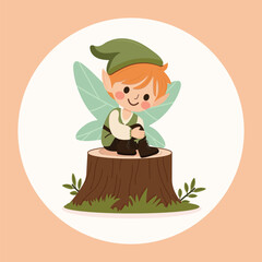 Cute forest fairy boy with wings on white background. Flora and Fauna. Poster, Banner, Flyer, Greeting Card. Vector illustration in flat cartoon style