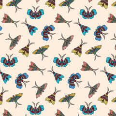 Obraz premium Light background with butterflies.Vector seamless pattern with multicolored butterflies on a light background.