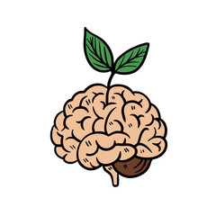 simple illustration of brain with growing plant seeds meaning mental health on white background