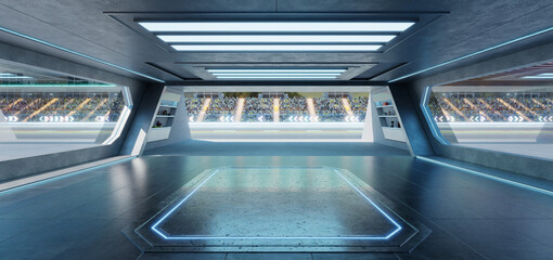 3D rendering Futuristic garage overlooking race track with spectators cheering © jamesteohart