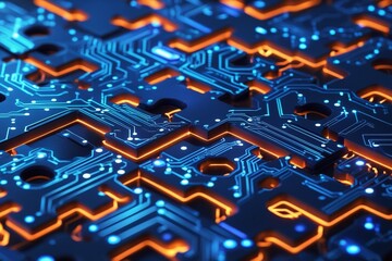 A detailed view of a futuristic circuit board featuring glowing blue and orange pathways. The intricate design highlights advanced technology and innovation in electronics