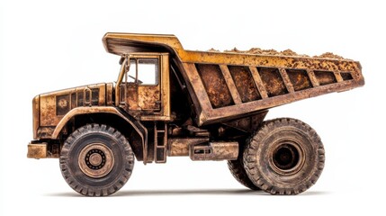Fototapeta premium Detailed View of a Heavy-Duty Dump Truck Loaded with Dirt on a Clean White Background
