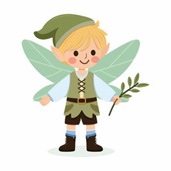 Cute forest fairy boy with wings on white background. Flora and Fauna. Poster, Banner, Flyer, Greeting Card. Vector illustration in flat cartoon style